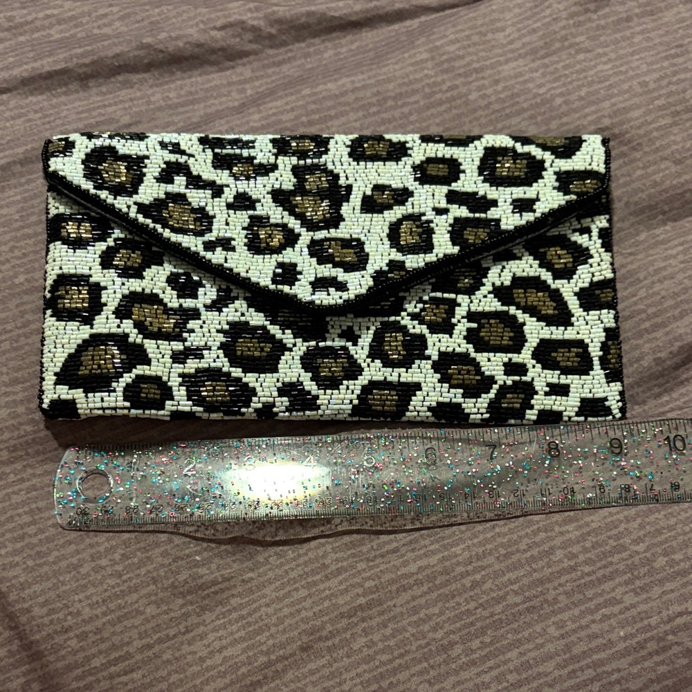 Express Black and Cream Leopard Beaded Clutch